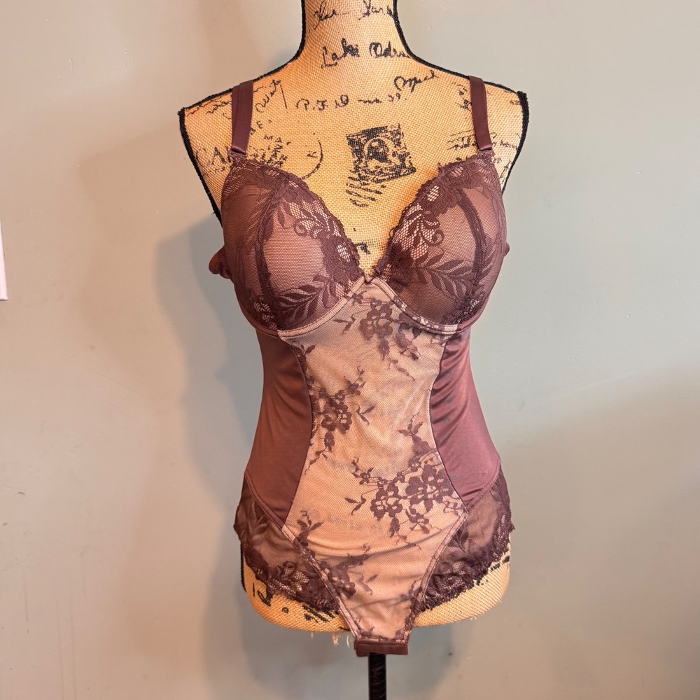Heavenly Shapewear Floral Lace Bodysuit Brown 1X Style 4595